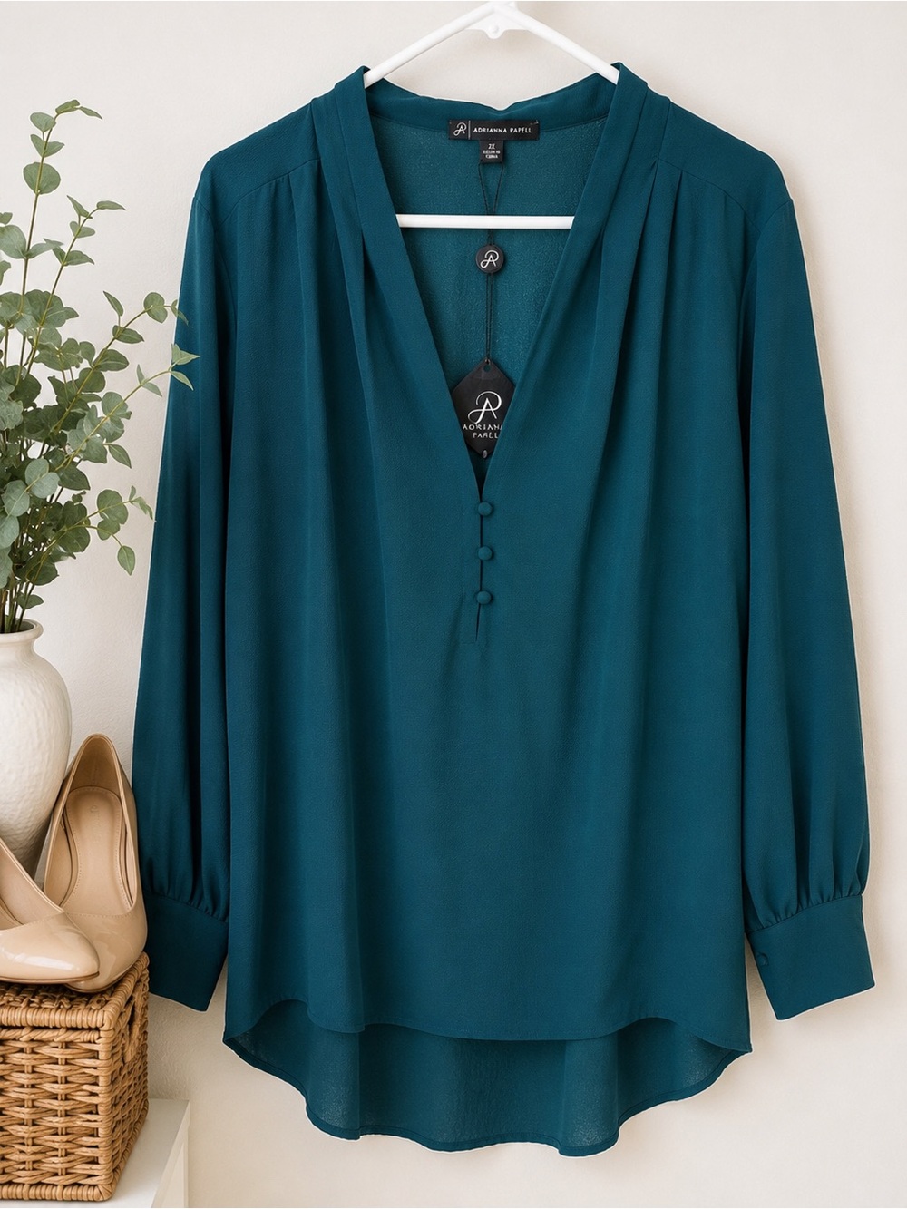 NWT Adrianna Papell 2X Teal Surplice Blouse Long Sleeve Plus Size Top - Picture 3 of 6